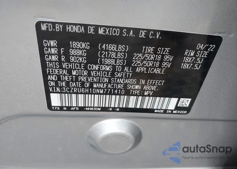 2022 Honda Hr-V Awd Sport z USA, uszkodzony, nr VIN 3CZRU6H10NM771410